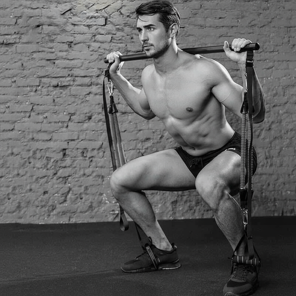 Black and white athlete with pilates bar squatting