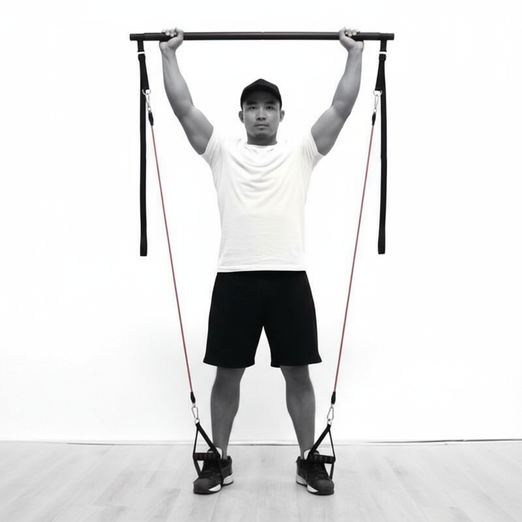 Black and white athlete with pilates bar standing