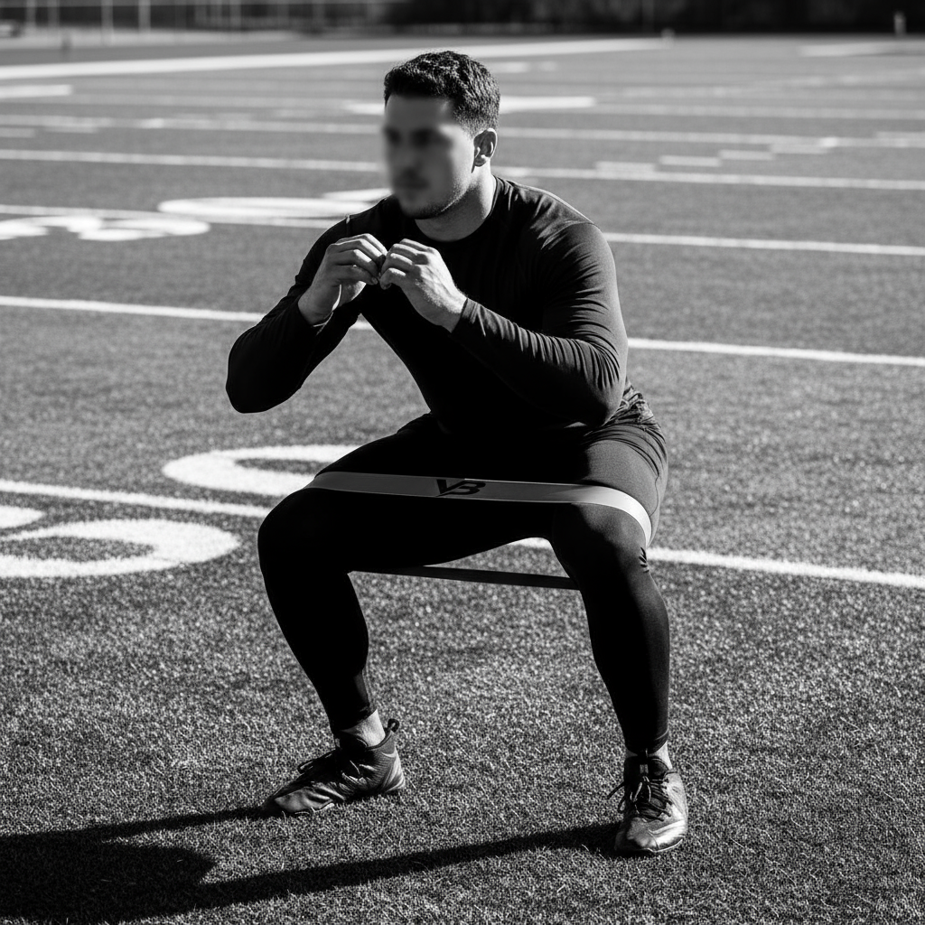 Football athlete doing leg exercises on field with VB band