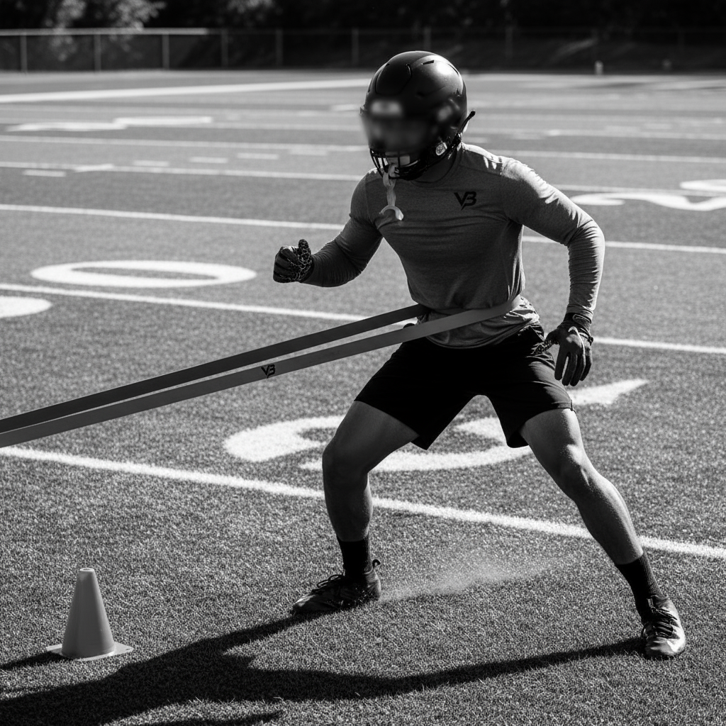 Football athlete speed drills on field with VB resistance band