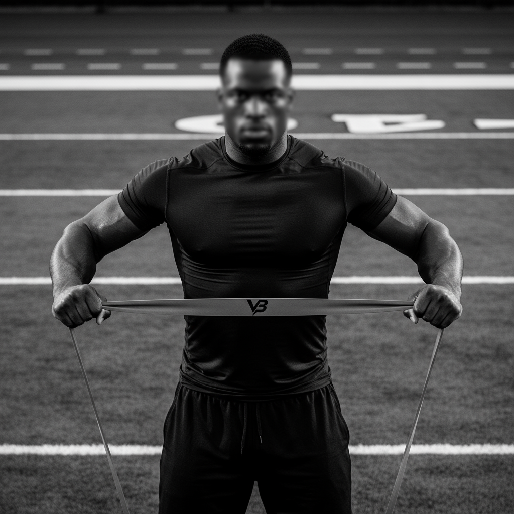 Football player training on field with VB resistance band